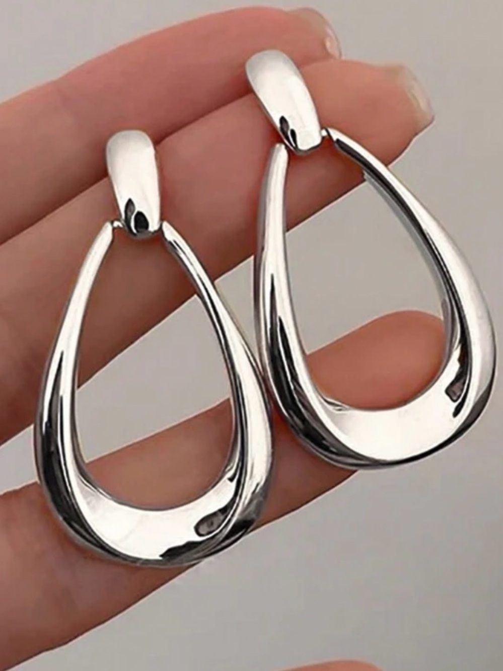 Polished Silver Teardrop Hoop Earrings